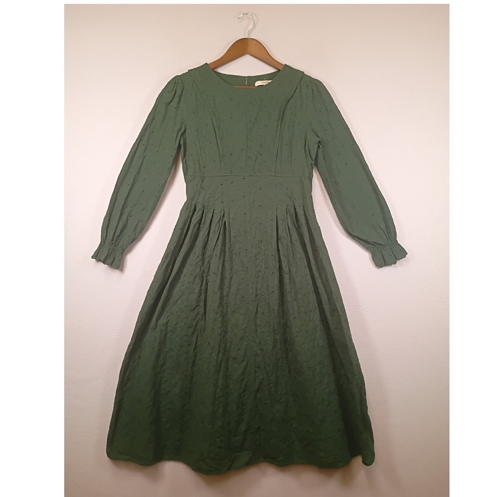 Women's Olive Green Midi Dress - Classic Long Sleeve